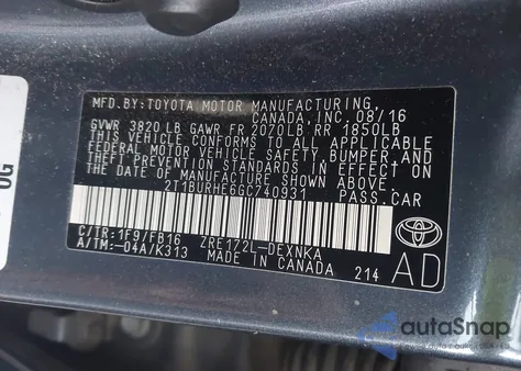 2016 Toyota Corolla Le из США, поврежденный, VIN 2T1BURHE6GC740931